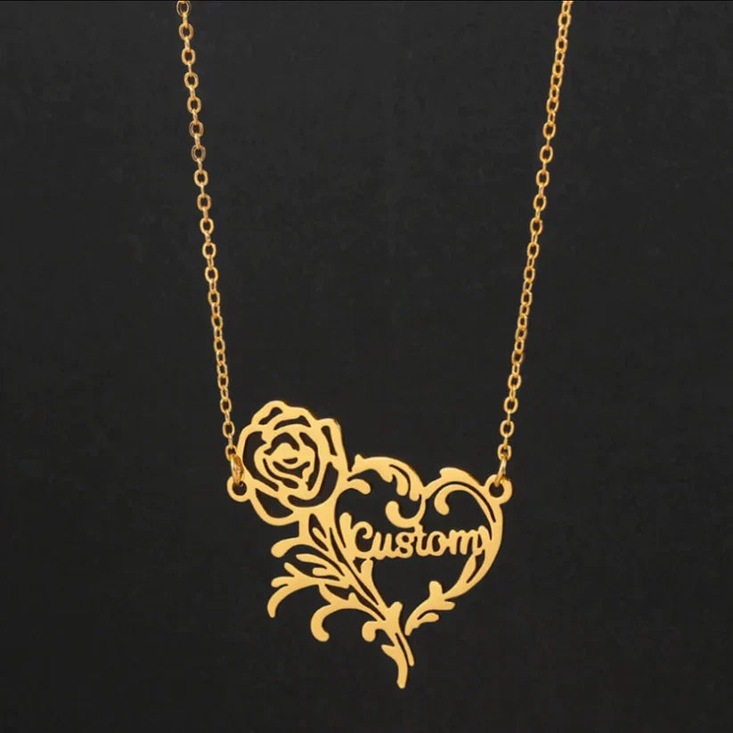 Customised Name Necklace Rose And Heart